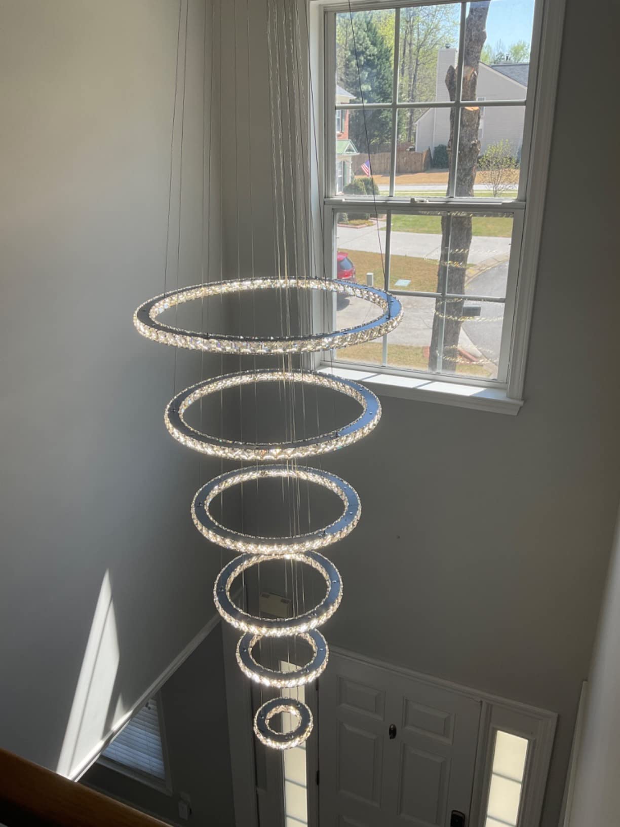 Siljoy Modern Crystal Chandelier Lighting, 6 Ring Chandelier LED Ceiling Lights Fixtures with 3-Color, High Ceiling Foyer Chandeliers for Living Room Dining Room Staircase, D8-12-16-20-24