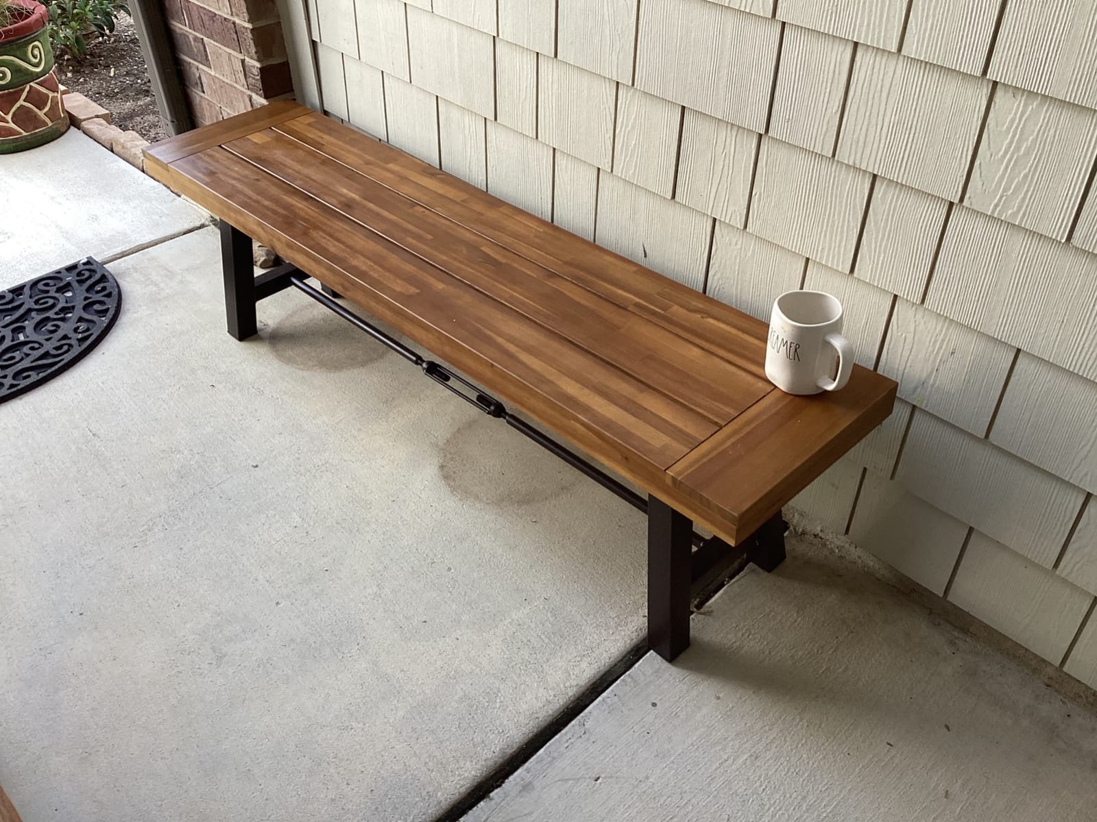 Christopher Knight Home Catriona Outdoor Acacia Wood Bench with Metal Accents, Teak Finish / Rustic Metal 14. 50 x 63 x 17. 75 inches customer photo 2