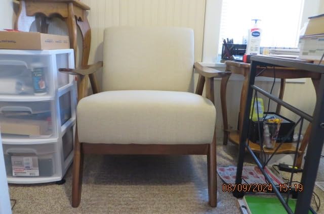 Lexicon Mid Century Modern Accent Chair with Solid Wood Frame in Walnut Finish, Upholstered Living Room Lounge Arm Chair, Thick and Comfy Innerspring Seat Cushion, Linen-Look Fabric, Blue customer photo 1