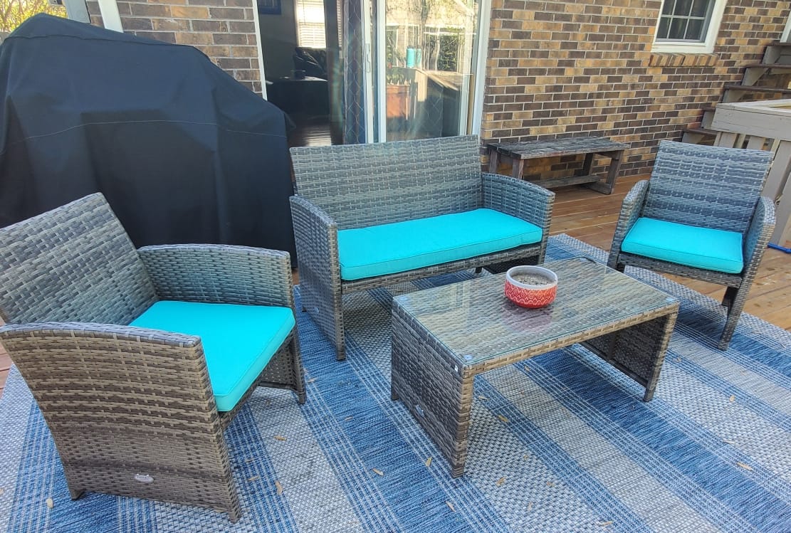 Goplus 4-Piece Rattan Patio Furniture Set, Outdoor Wicker Conversation Sofa with Weather Resistant Cushions and Tempered Glass Tabletop for Lawn Backyard Pool Garden (Beige) customer photo 2