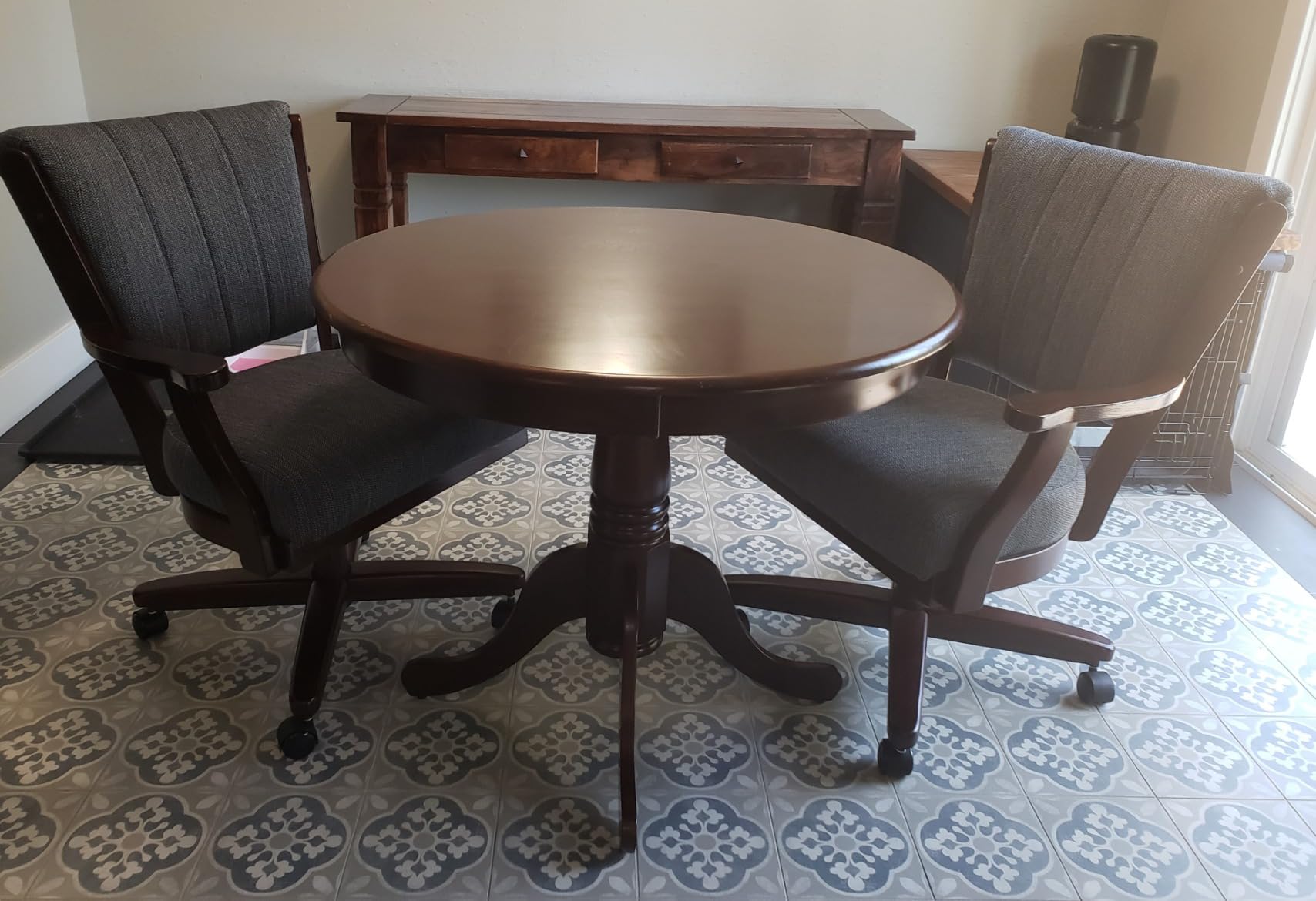 East West Furniture ANT-AWA-TP Antique Modern Kitchen Table - a Round Dining Table Top with Pedestal Base, 36x36 Inch, Walnut customer photo 1