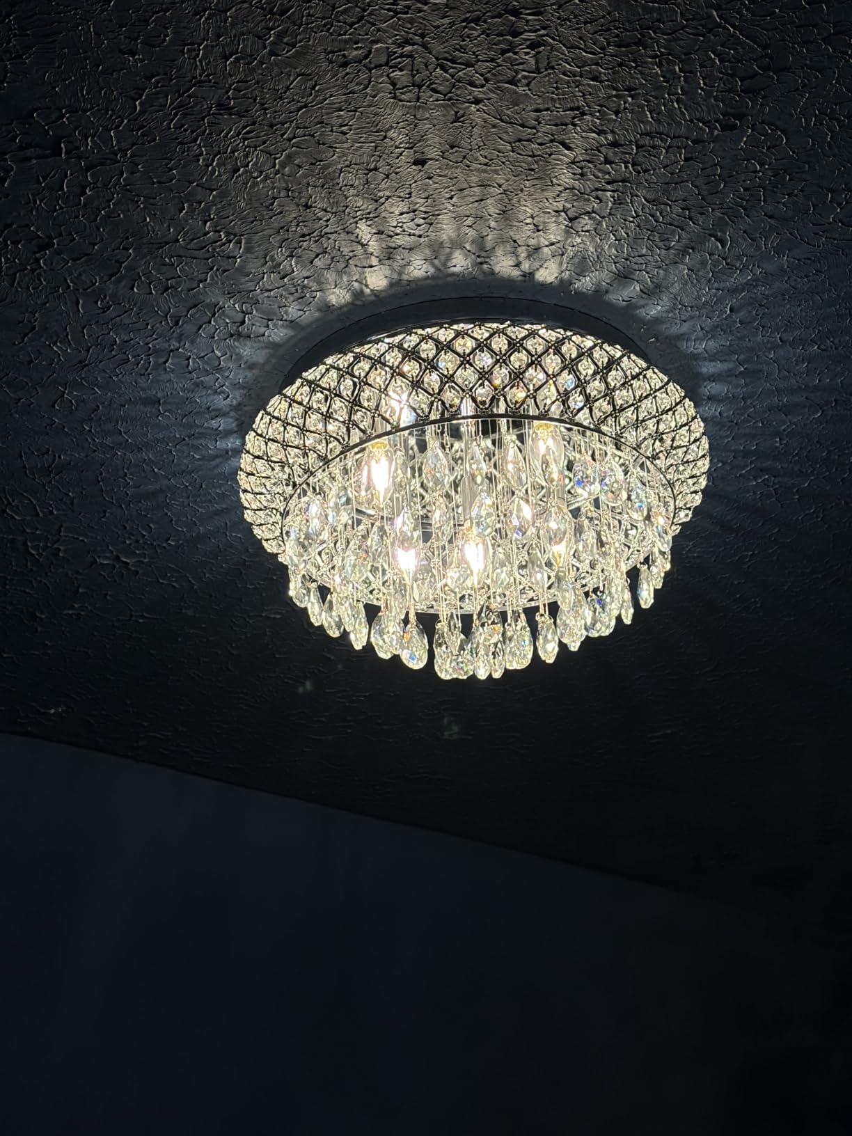 Maxax 4 Lights Crystal Chandelier, Modern Drum Ceiling Light Fixture Lamp, Raindrop Flush Mount Round Metal Shade, for Dining Room, Living Room, Bathroom, Bedroom, Chrome customer photo 1