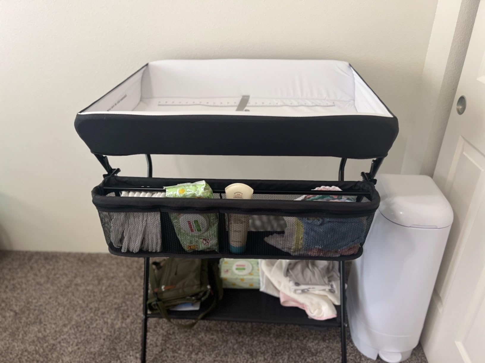 INFANS Baby Changing Table, Folding Diaper Station Portable Nursery Organizer with Safety Belt and Large Storage Racks for Newborn Baby and Infant (Grey) customer photo 2