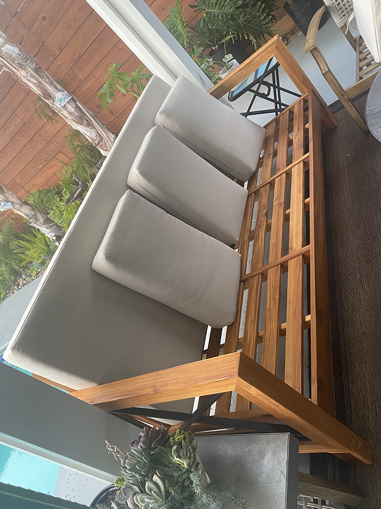 SAFAVIEH Couture Outdoor - Andros Sofa - Brown & Beige - Brazilian Teak Wood - Slatted Design with Removable Cushions - Ideal for Patio, Deck, Porch, Backyard, 16
