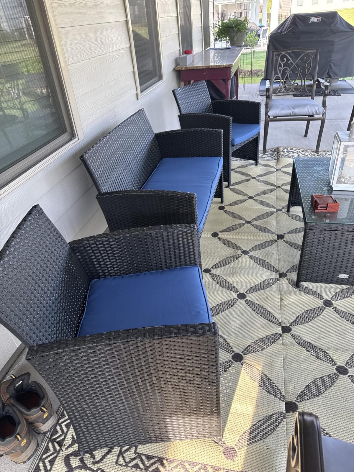 Tangkula 4 PCS Wicker Patio Conversation Set, Outdoor Rattan Sofas with Table Set, Patio Furniture Set with Soft Cushions & Tempered Glass Coffee Table for Poolside Balcony customer photo 1