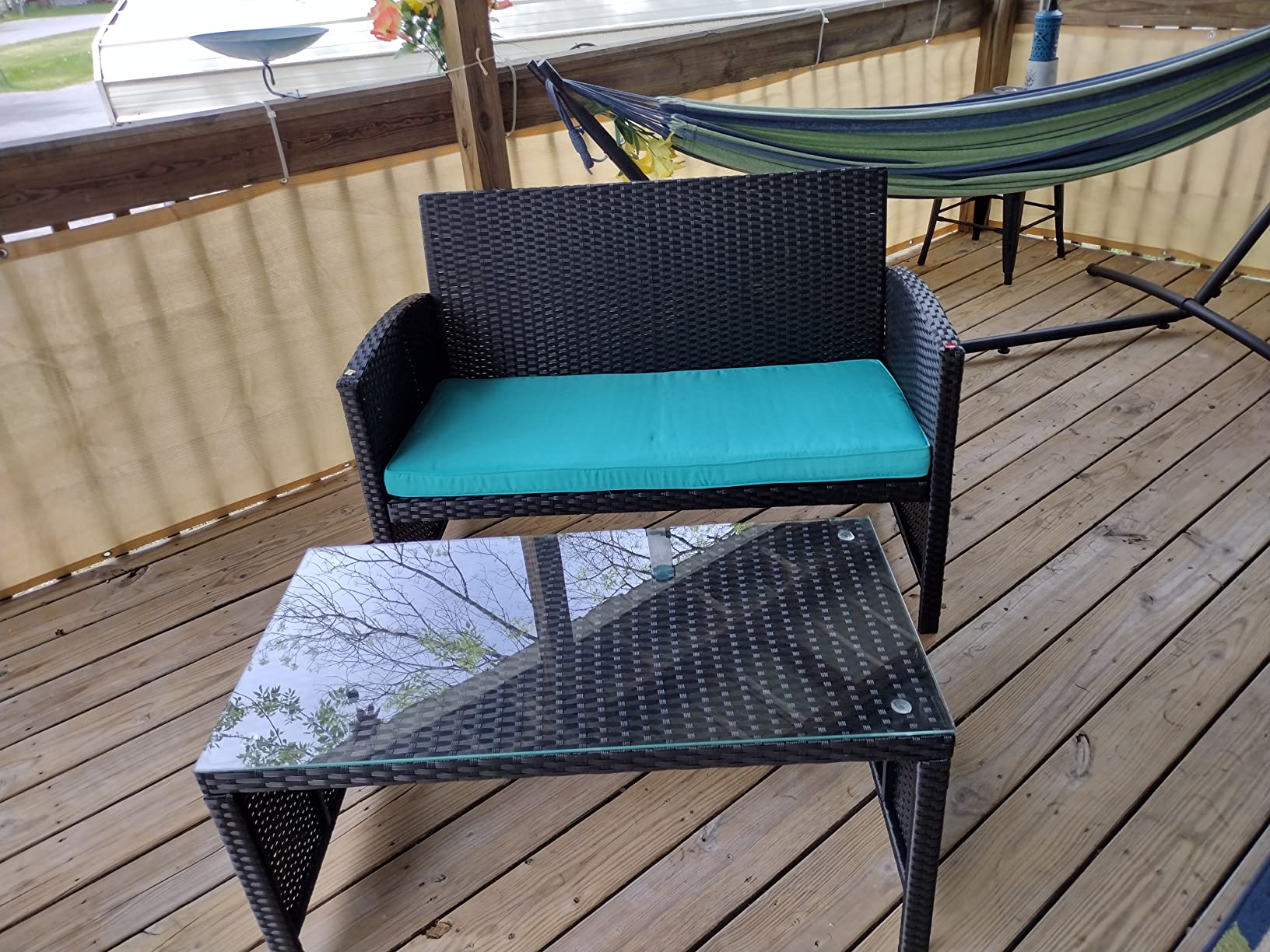 Tangkula 4 PCS Wicker Patio Conversation Set, Outdoor Rattan Sofas with Table Set, Patio Furniture Set with Soft Cushions & Tempered Glass Coffee Table for Poolside Balcony customer photo 2