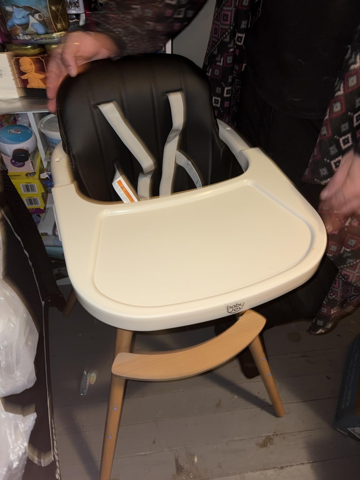 BABY JOY Convertible Baby High Chair, 3 in 1 Wooden Highchair/Booster/Chair with Removable Tray, Adjustable Legs, 5-Point Harness, PU Cushion and Footrest for Baby, Infants, Toddlers (Beige) customer photo 1