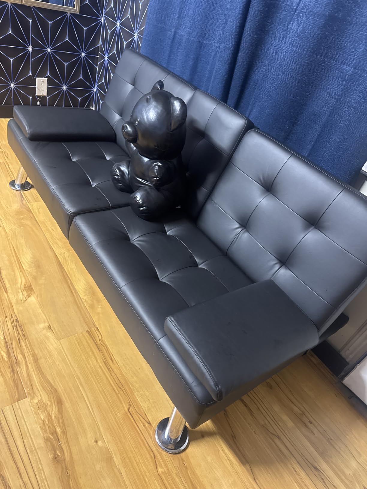 Flamaker Futon Sofa Bed, Black Faux Leather Convertible Loveseat Couch customer photo 2