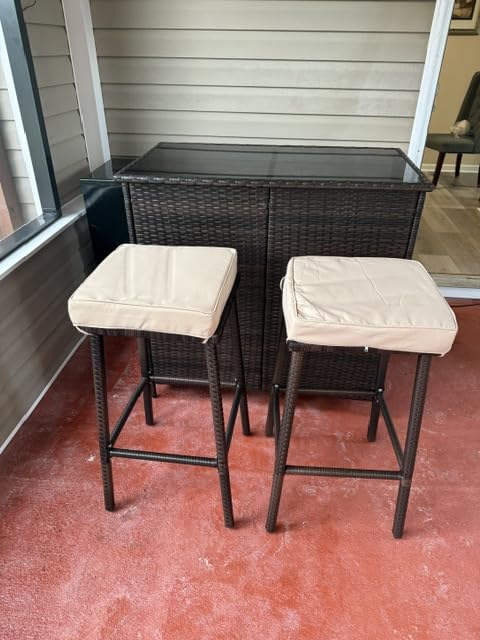 Yaheetech 3pcs Outdoor Bar Set, Patio Wicker Bar Furniture with 2 Storage Shelves, Glass Top Table, Cushions and Two Stools, Brown/Khaki | with 2 Storage Shelves, Glass Top Table, Cushions and Two Stools customer photo 1