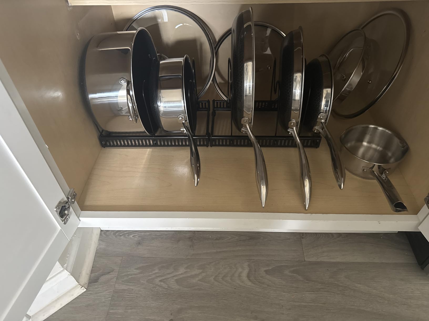 Toplife Pots and Pans Organizer Rack for Cabinet and Countertop, 10+ Pot Lids, Bakeware and Cookware Holder with 10 Adjustable Compartments - Black customer photo 1