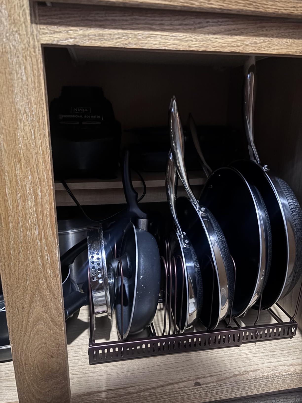 Toplife Pots and Pans Organizer Rack for Cabinet and Countertop, 10+ Pot Lids, Bakeware and Cookware Holder with 10 Adjustable Compartments - Black customer photo 2