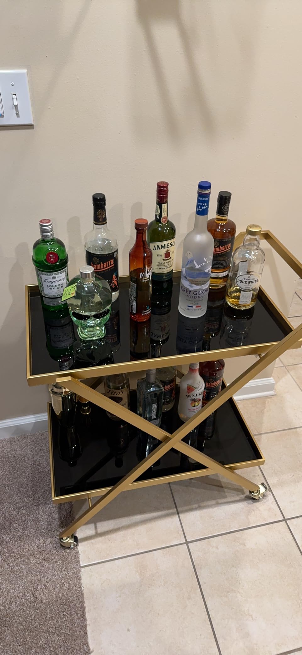 Crofy Gold Finish Bar Cart on Wheels, No-Tool Assembly 2-Tier Serving Cart with Black Tempered Glass Shelves & Locking Casters - Mobile Snack/Drink Cart for Home Bar, Kitchen, Parties customer photo 1