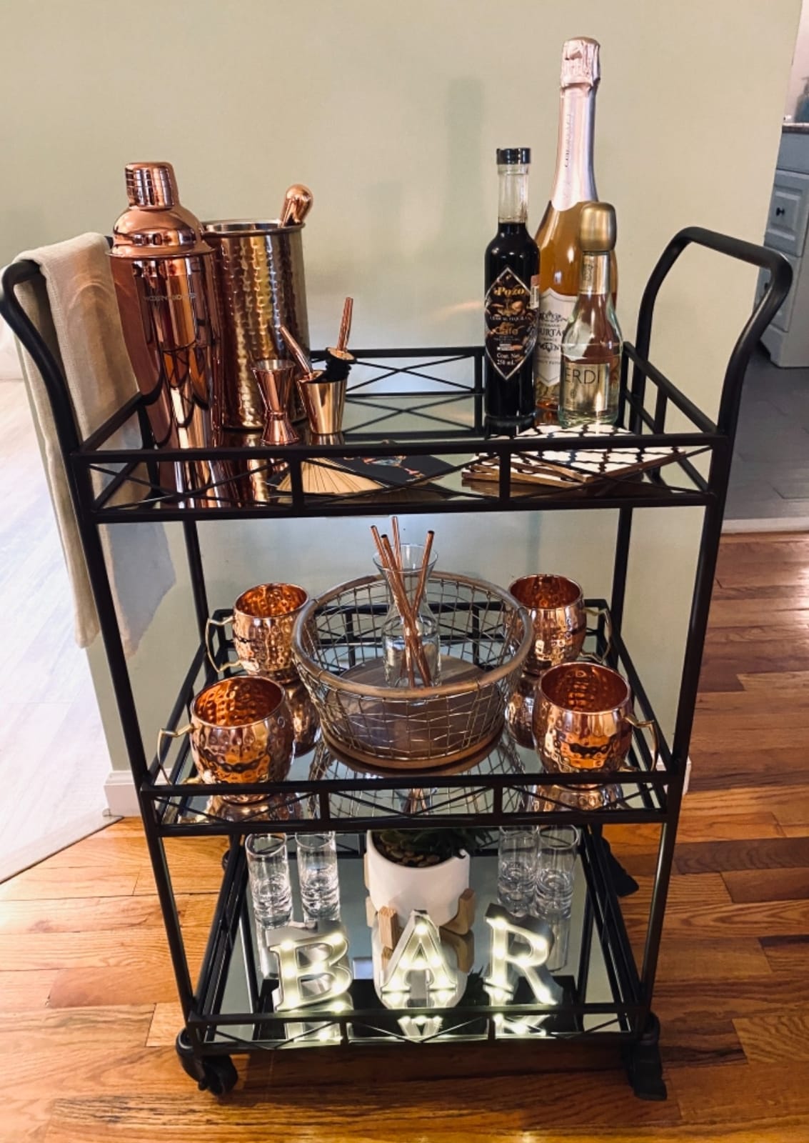 Kate and Laurel Ketia Glam Metal Bar Cart; 23 x 13 x 34; Gold; Glamorous Three Tier Gold Bar Cart for Display and Storage customer photo 2