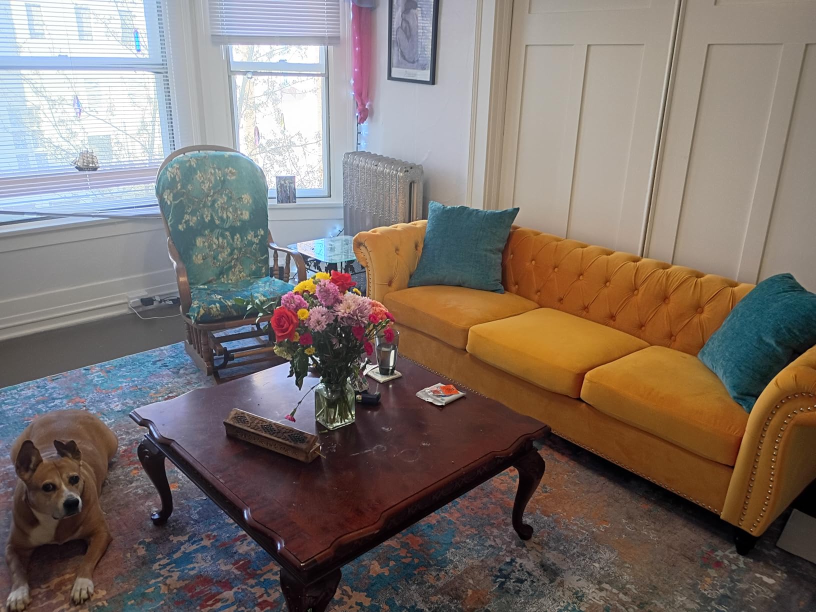 ORRD Chesterfield Sofa Velvet, Modern Tufted Couch 3 Seater with Rolled Arms and Nailhead for Living Room, Bedroom, Office, Apartment (Mango) customer photo 2