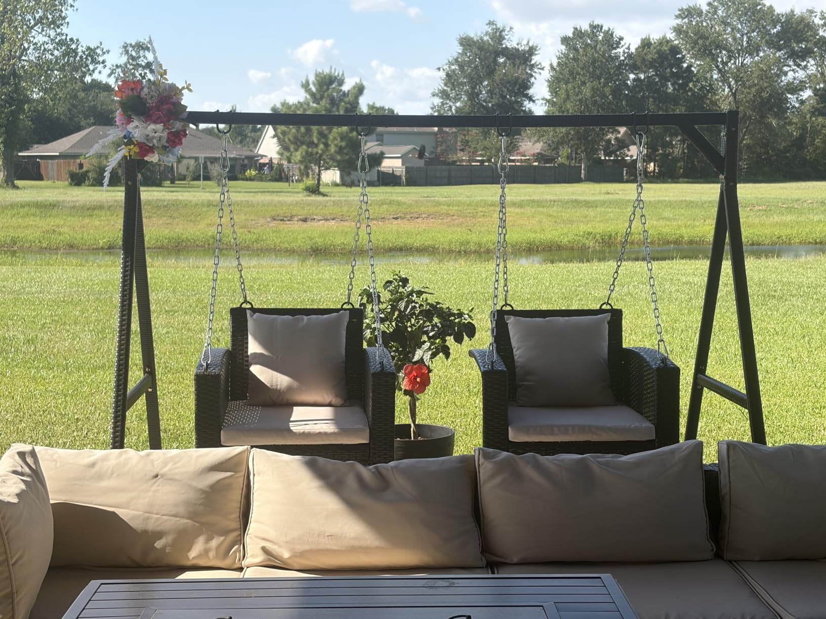 VINGLI 4FT Rattan Swing Bench, Wicker Hanging Porch Swing (Brown+Beige) customer photo 1