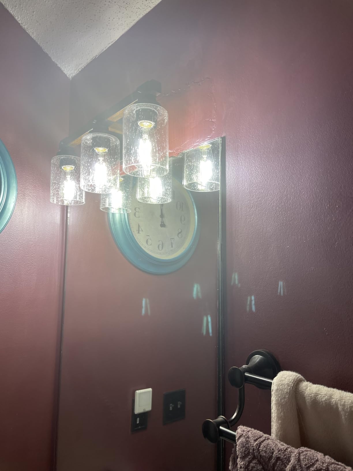 Amico 4-Light Farmhouse Bathroom Vanity Light, Seeded Glass, Black & Wood customer photo 2