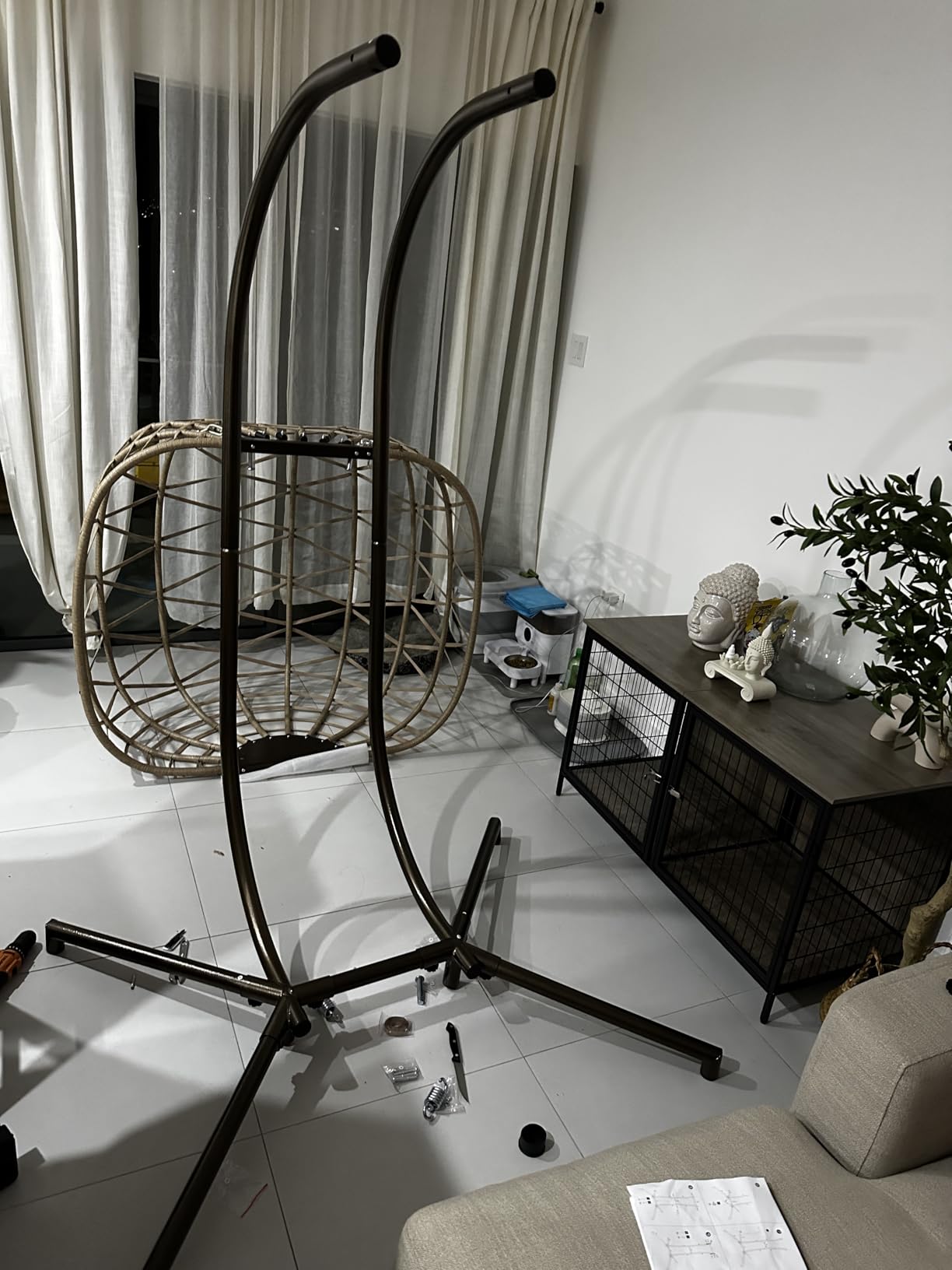 Double Swing Egg Chair with Stand, Extra Large 2 Person Indoor Outdoor Wicker Loveseat, Oversized Patio Hanging Basket Chair with Cushions, Cozy Sturdy Porch Swing for Backyard Balcony, Beige customer photo 1