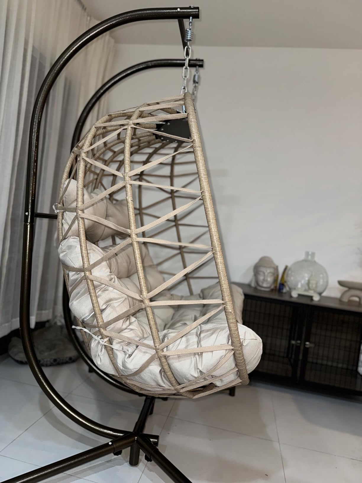 Double Swing Egg Chair with Stand, Extra Large 2 Person Indoor Outdoor Wicker Loveseat, Oversized Patio Hanging Basket Chair with Cushions, Cozy Sturdy Porch Swing for Backyard Balcony, Beige customer photo 2