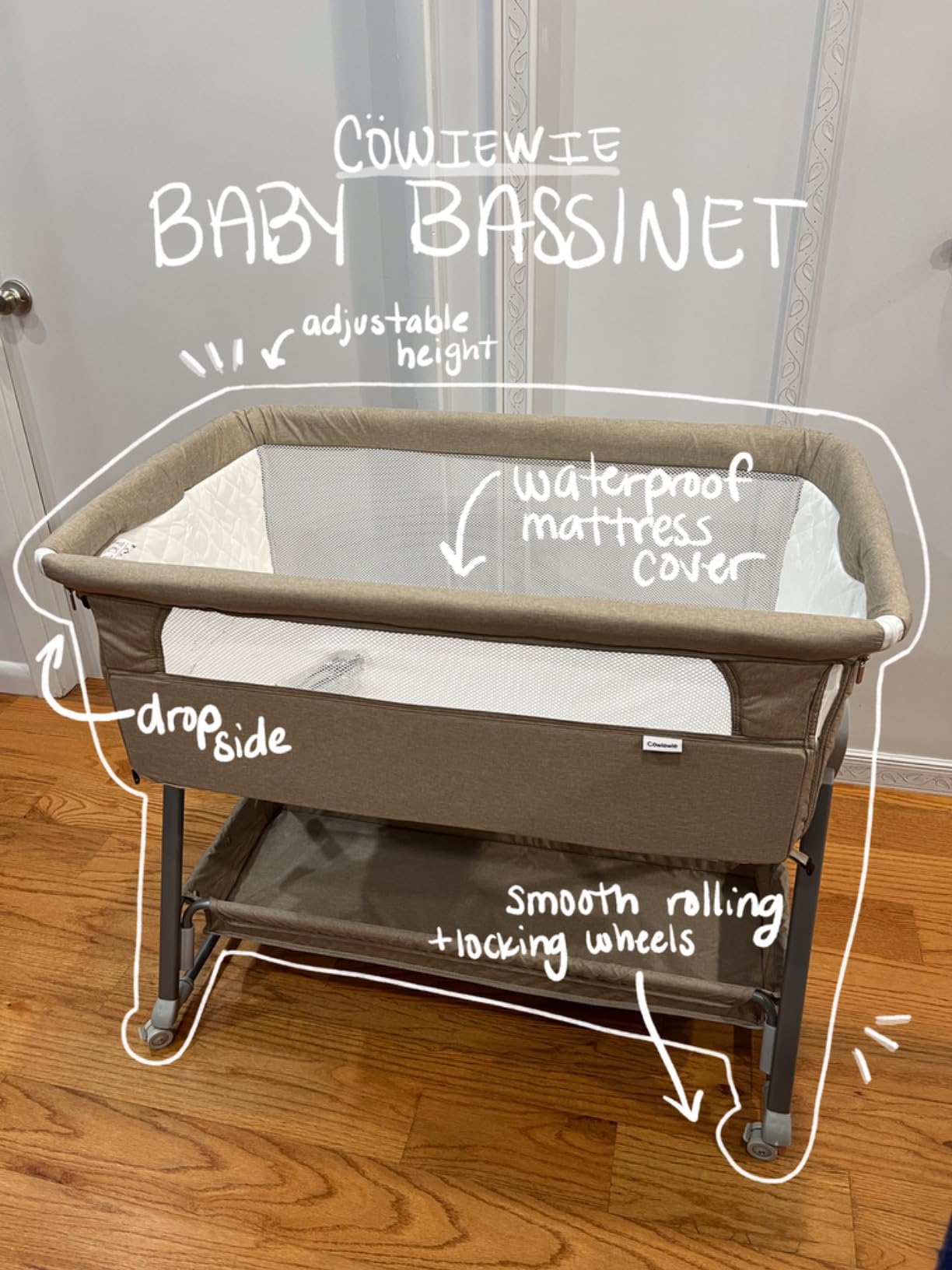 Cowiewie Bassinet Bedside Sleeper, Baby Bassinet with 7 Adjustable Height, Bedside Bassinet for Baby with Storage, Breathable Mesh & Mattress, Portable Bassinet Easy Folding (Pyramid Light Gray) customer photo 2