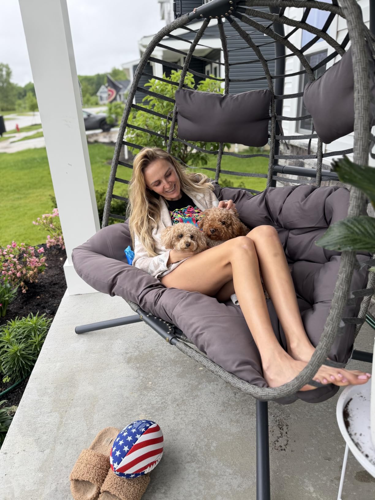 2 Person Hanging Egg Chair with Stand for Outdoor, Patio Hand Made Rattan Wicker Double Egg Swing Chairs Hammock Chair with UV Resistant Cushion and Metal Frame, Porch Swing Loveseat for Backyard customer photo 2