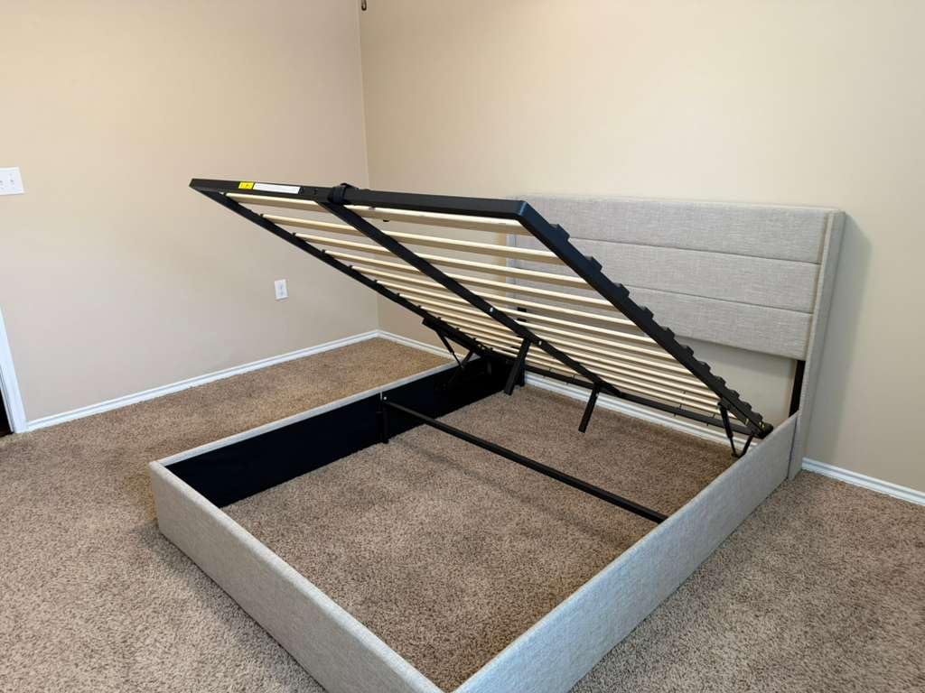 Allewie Queen Size Lift Up Hydraulic Storage Bed Frame Light Beige | Modern Wingback Headboard, Hydraulic Support Storage, No Box Spring Needed customer photo 2