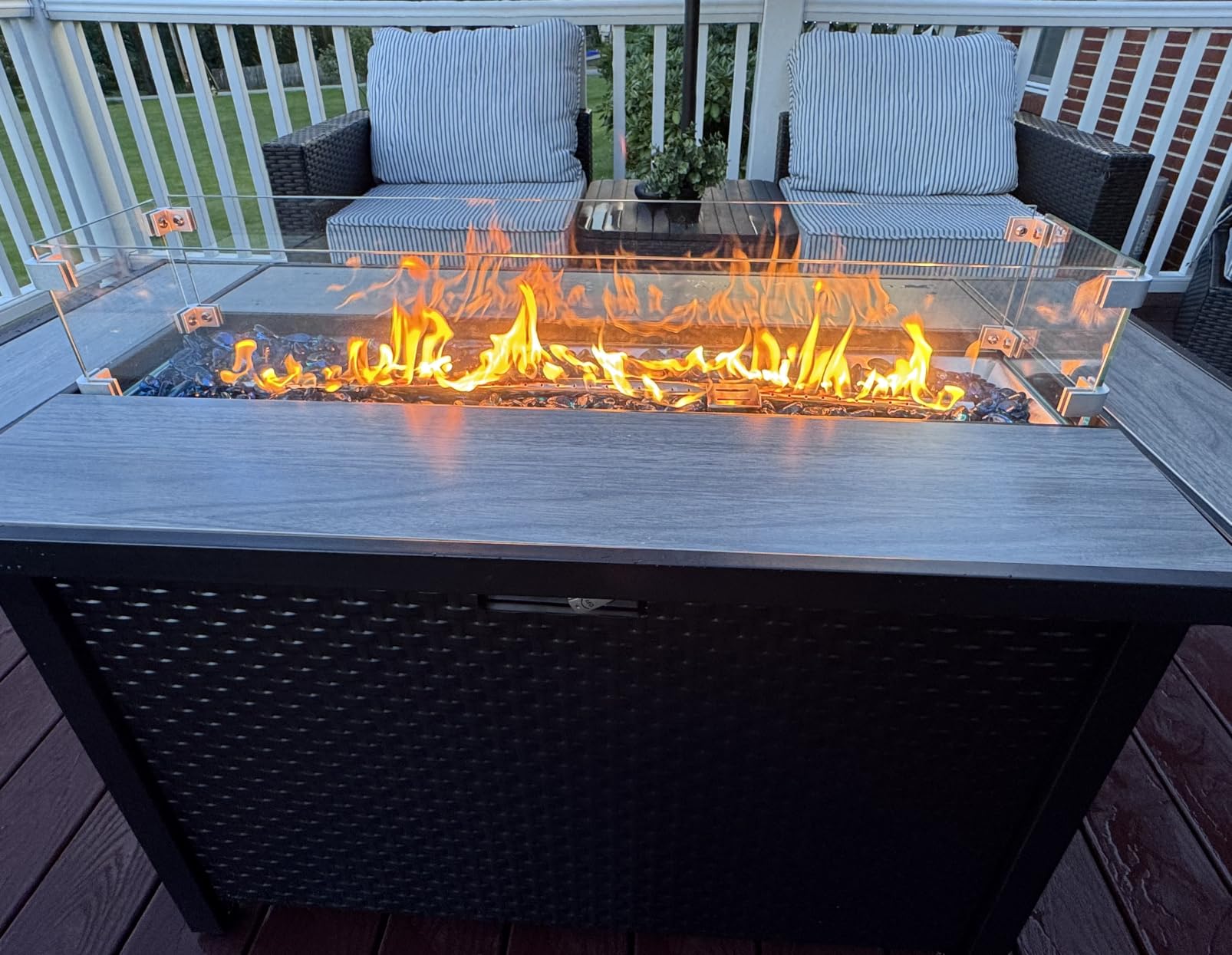 45 Inch Propane Fire Pit Table, 50,000 BTU Outdoor Gas Fire Pit for Patio & Backyard, 2-in-1 Firepit Dining Table with Glass Wind Guard, Blue Glass Rocks & Waterproof Cover customer photo 1