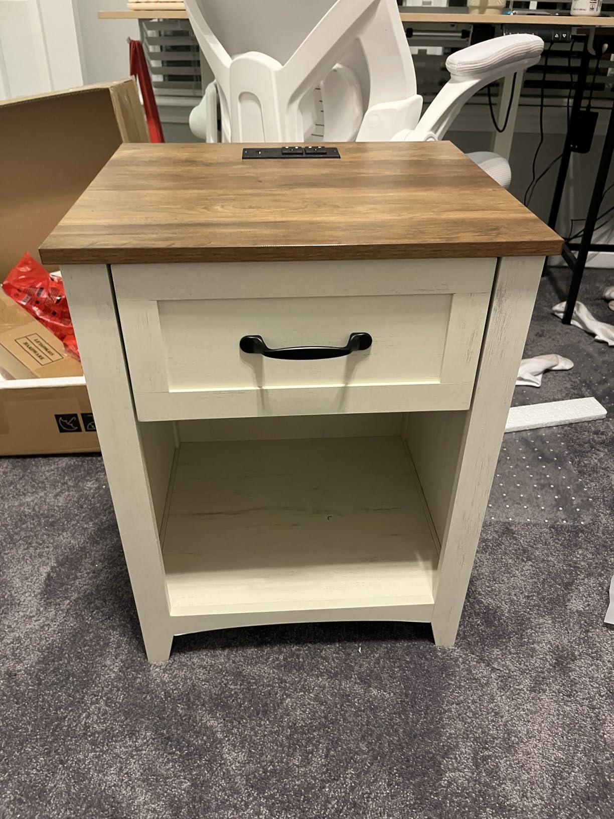 VASAGLE Farmhouse Nightstands with Charging Station, 1 Drawer, Set of 2 | Bedside Table, Side Table with Open Compartment, for Bedroom, Rustic White and Honey Brown, LIRY Collection ULET859K41 customer photo 1