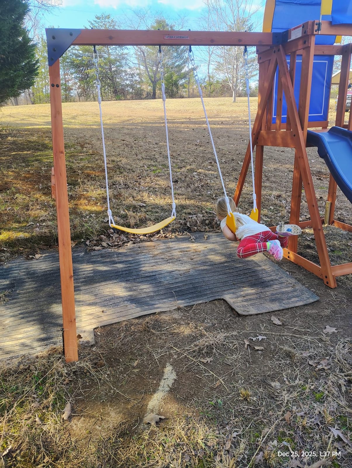 Sportspower Augusta Cedar Wooden Swing Set for Kids Ages 3-8, Outdoor Backyard Playset with 2 Sling Swings, Play Fort with Canopy, Heavy-Duty A-Frame on 6ft Slide, Bonus Anchor Kit customer photo 2