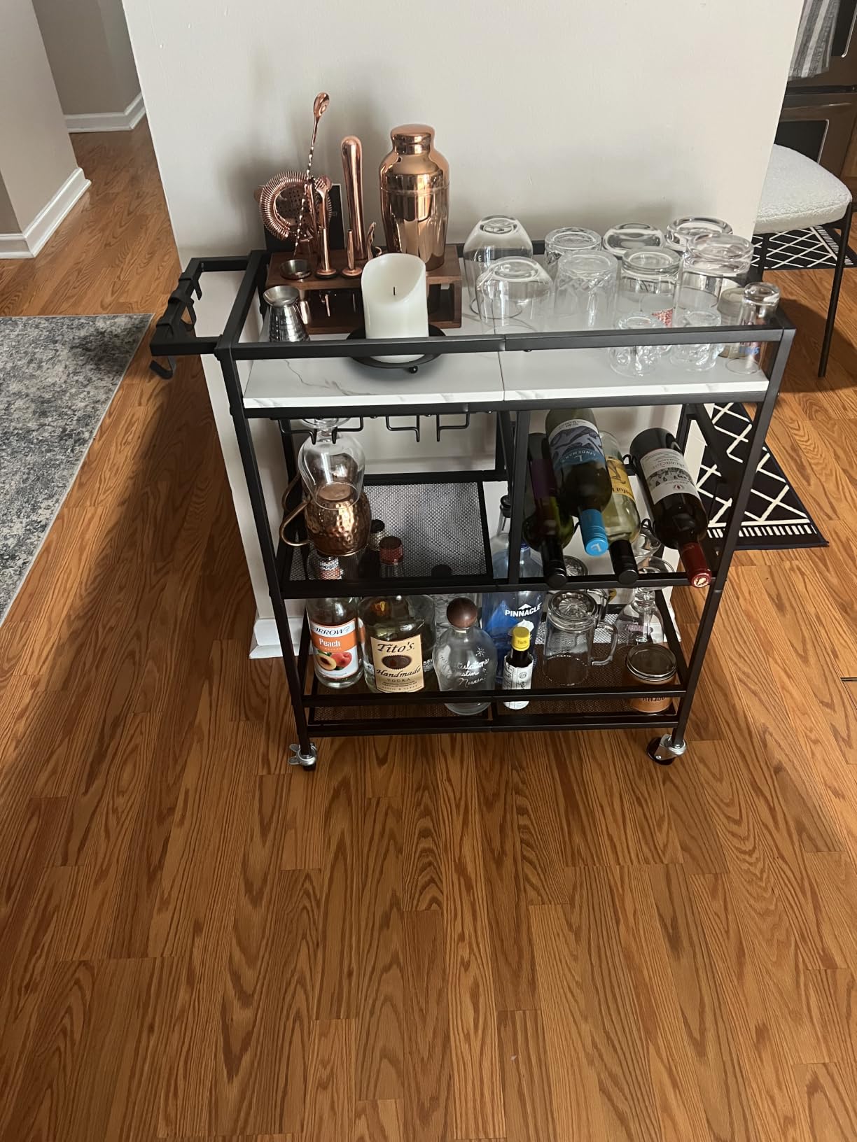 MAHANCRIS Bar Cart for Home, 3-Tier Serving Cart with Wheels and Handle, Beverage Cart with Wine Rack and Glass Holders, Rolling Wine Cart for Kitchen, Dining Room, Gold and White RCJM6101 customer photo 2