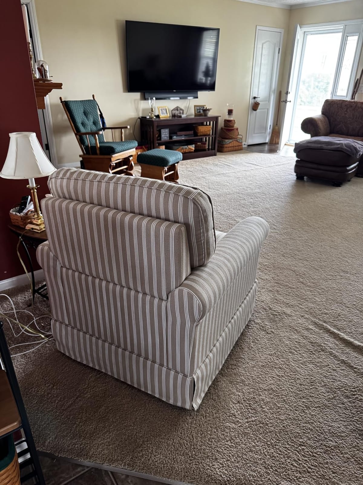 INZOY Swivel Accent Chair Linen Mid Century Modern Chair, Comfy Swivel Barrel Reading Chair, Upholstered Square Chair for Living Room Bedroom Small Spaces, Fully Assembled, Blue Stripe customer photo 1