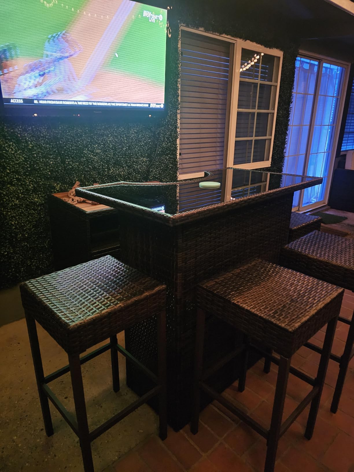 Outsunny 5 Piece Wicker Outdoor Bar Set with Glass Table Top Dark Gray | High Top Outdoor Table and Chairs, Height Patio Set, 2 Tier Storage Shelf, 4 Bar Stools, for Garden, Poolside customer photo 2