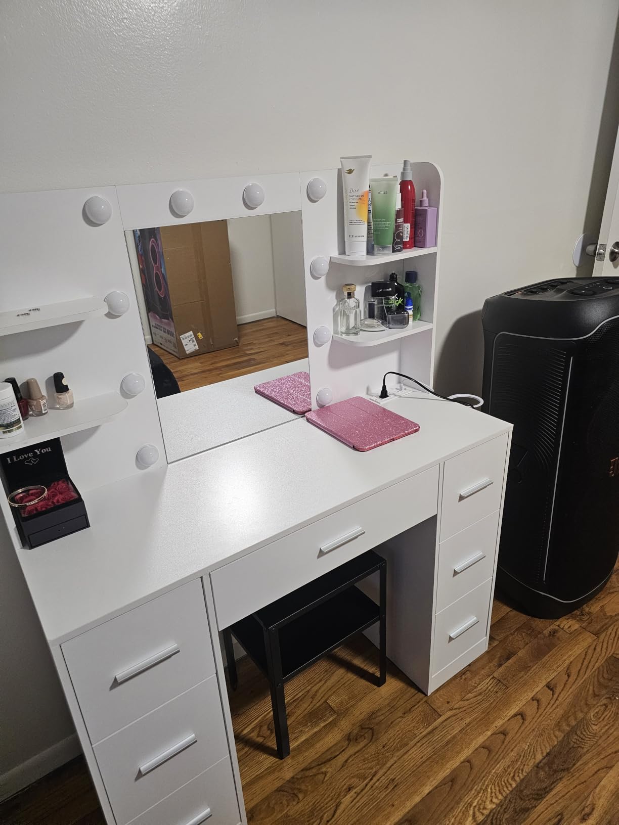 YESHOMY Vanity Desk with Mirror, Outlet, 10 Lights & 7 Drawers,Pure White customer photo 2