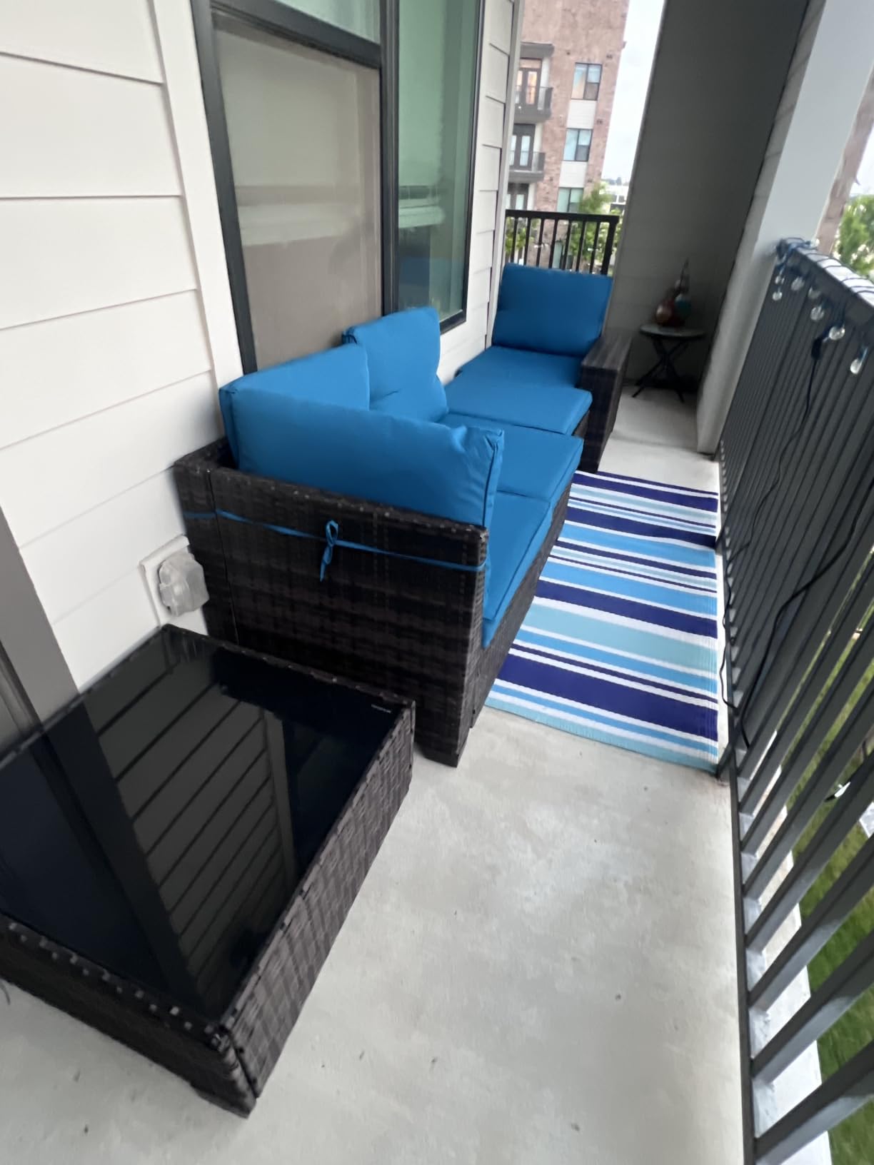 JOYURE 5 Pieces Patio Furniture Set All-Weather Outdoor Wicker Sectional Conversation Sofa Rattan Patio Seating Sofa with Cushion and Glass Table and Ottoman for Porch Poolside,Peacock Blue customer photo 1