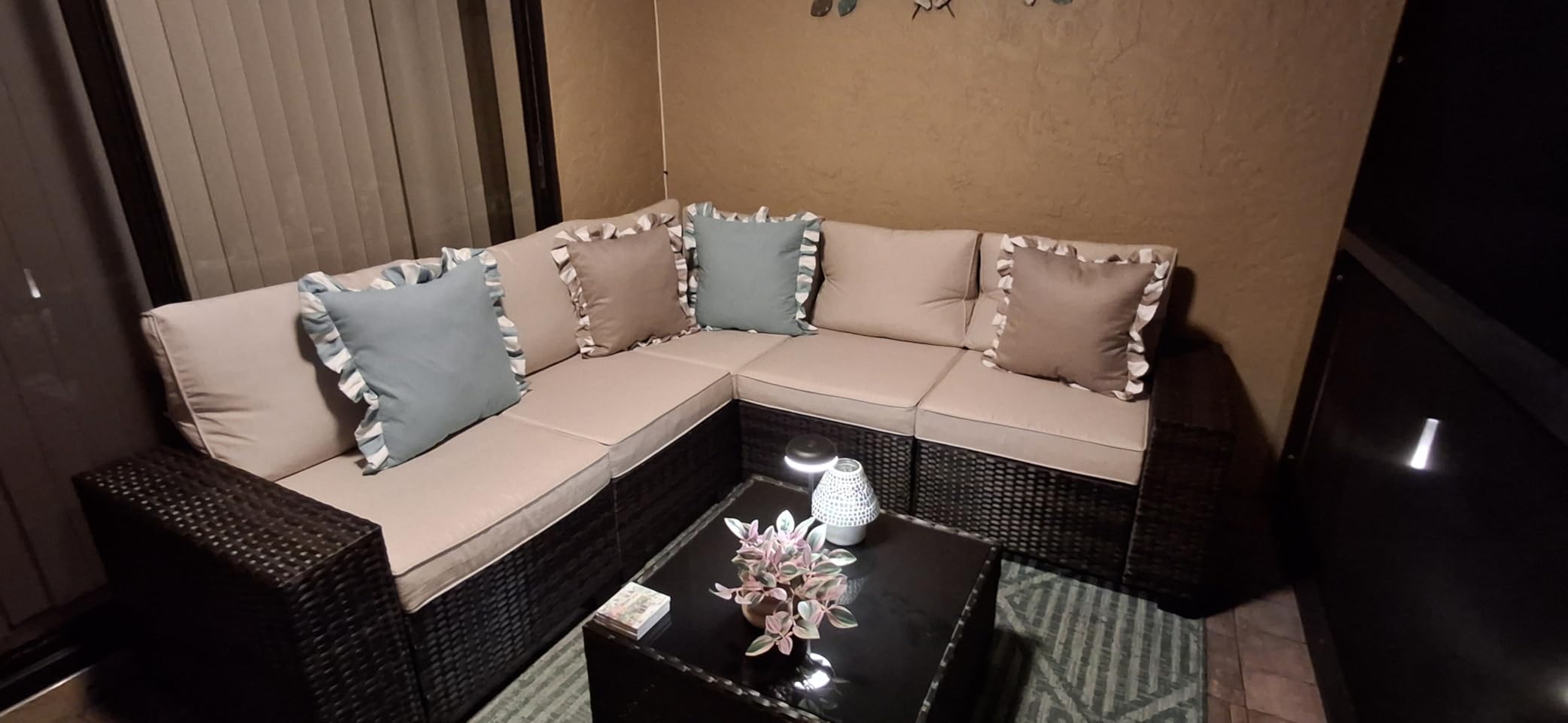 JOYURE 5 Pieces Patio Furniture Set All-Weather Outdoor Wicker Sectional Conversation Sofa Rattan Patio Seating Sofa with Cushion and Glass Table and Ottoman for Porch Poolside,Peacock Blue customer photo 2