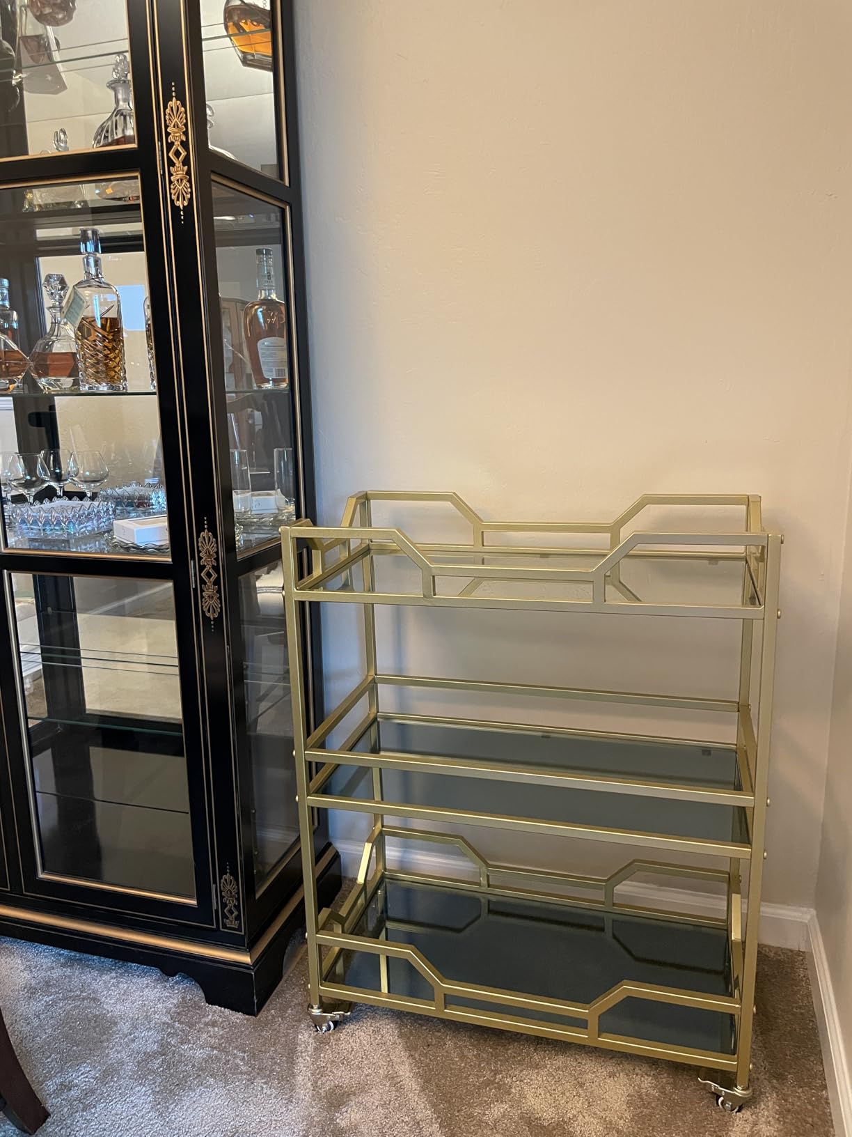 Square Gold Bar Carts with 3 Tier Storage Glass Shelves Holder Home Serving Bar Carts on Wheels for Kitchen, Bar, Dinning Room customer photo 1