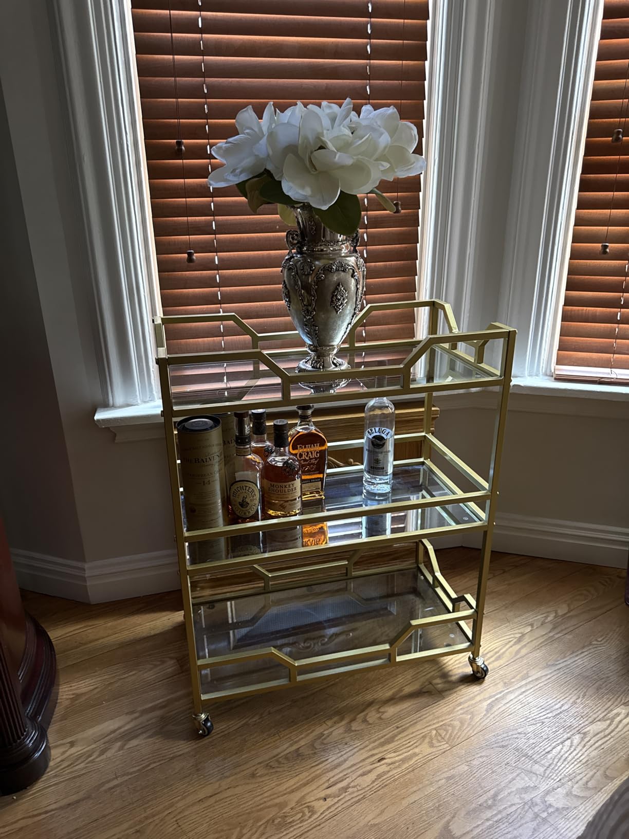 Square Gold Bar Carts with 3 Tier Storage Glass Shelves Holder Home Serving Bar Carts on Wheels for Kitchen, Bar, Dinning Room customer photo 2