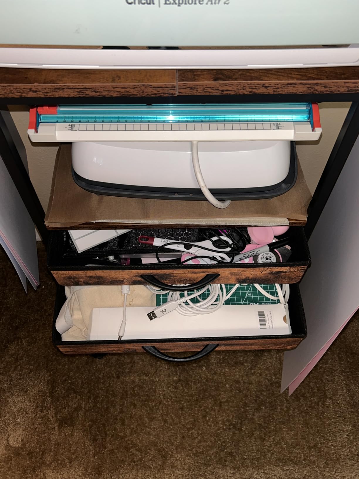 VENNQD Organizer and Storage Stand Compatible with Cricut Machines,Rolling Storage Cart/Shelf with 24 Vinyl Roll Holders,2 Fabric Drawer,Accessories Holder,Tool Hook for Craft Room Home (white) customer photo 2