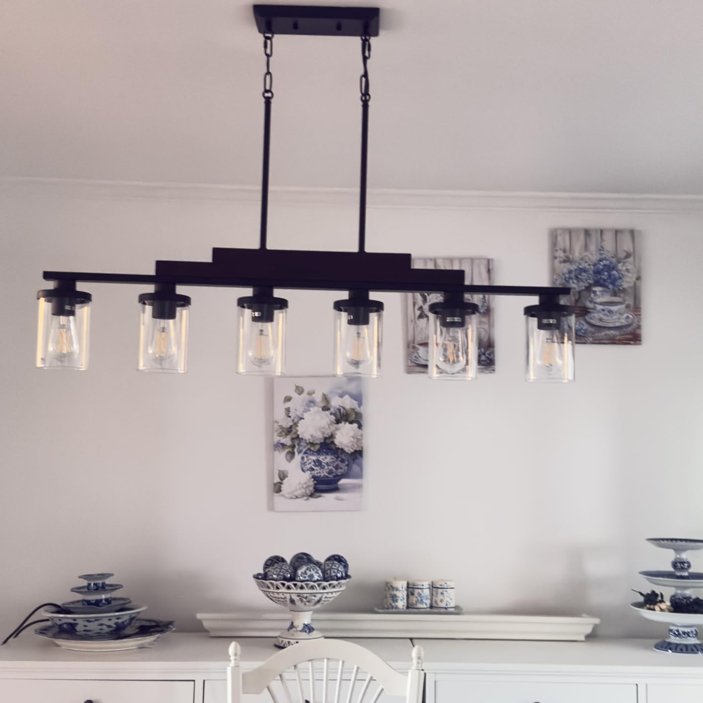 Wood Kitchen Island Lighting,4-Light Farmhouse Dining Room Light Fixture Matte Black Modern Chandeliers for Dining Room Over Table Hanging Pendant Light with Glass Shade for Bar Restaurant customer photo 1