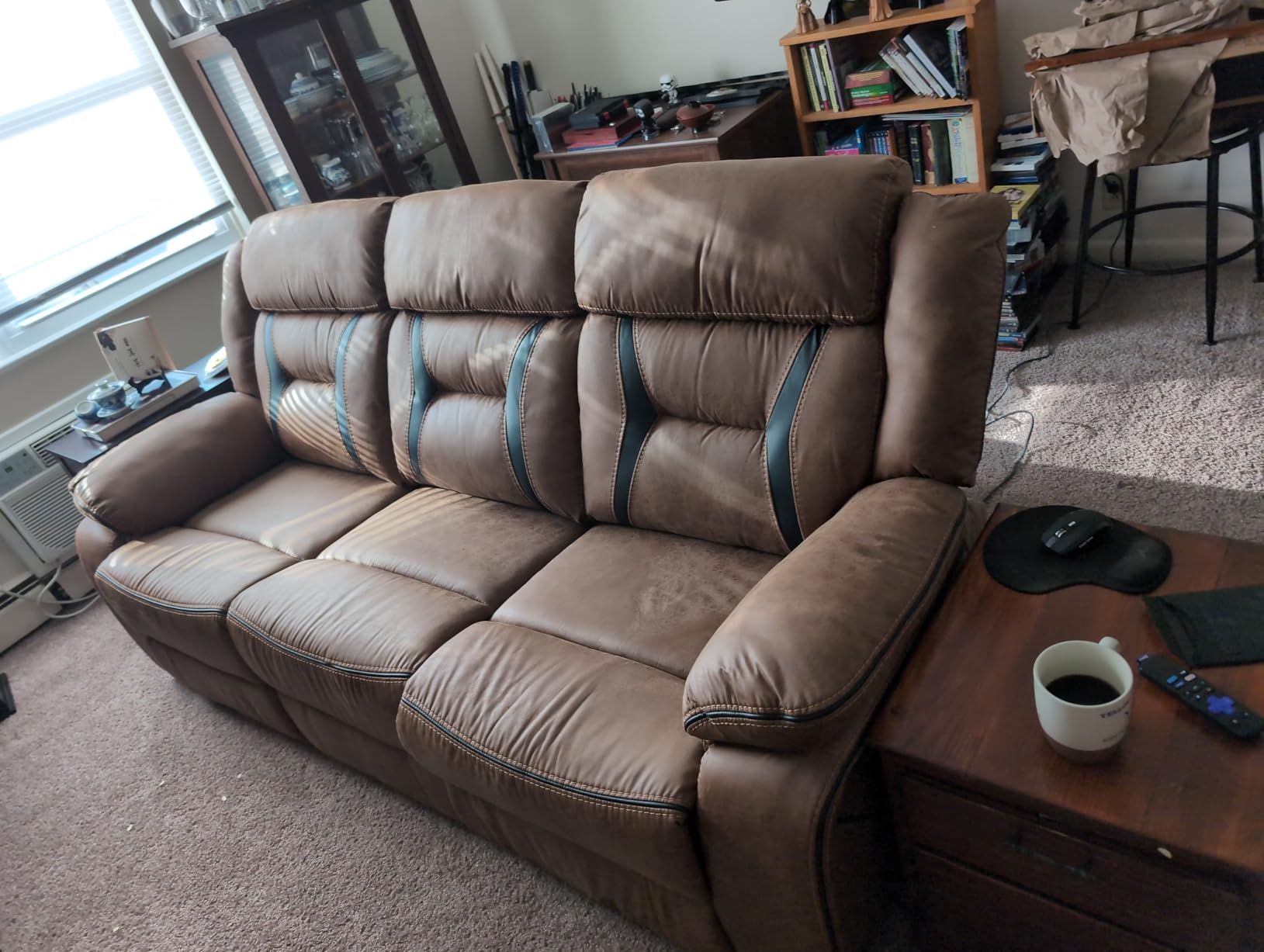 EBELLO Faux Leather Manual Loveseat Recliner, 2 Seat Reclining Sofa Chair with Center Console, Hidden Storage and Cup Holders, Daul Recliner for Living Room, Meeting Room, Brown (Loveseat) customer photo 1