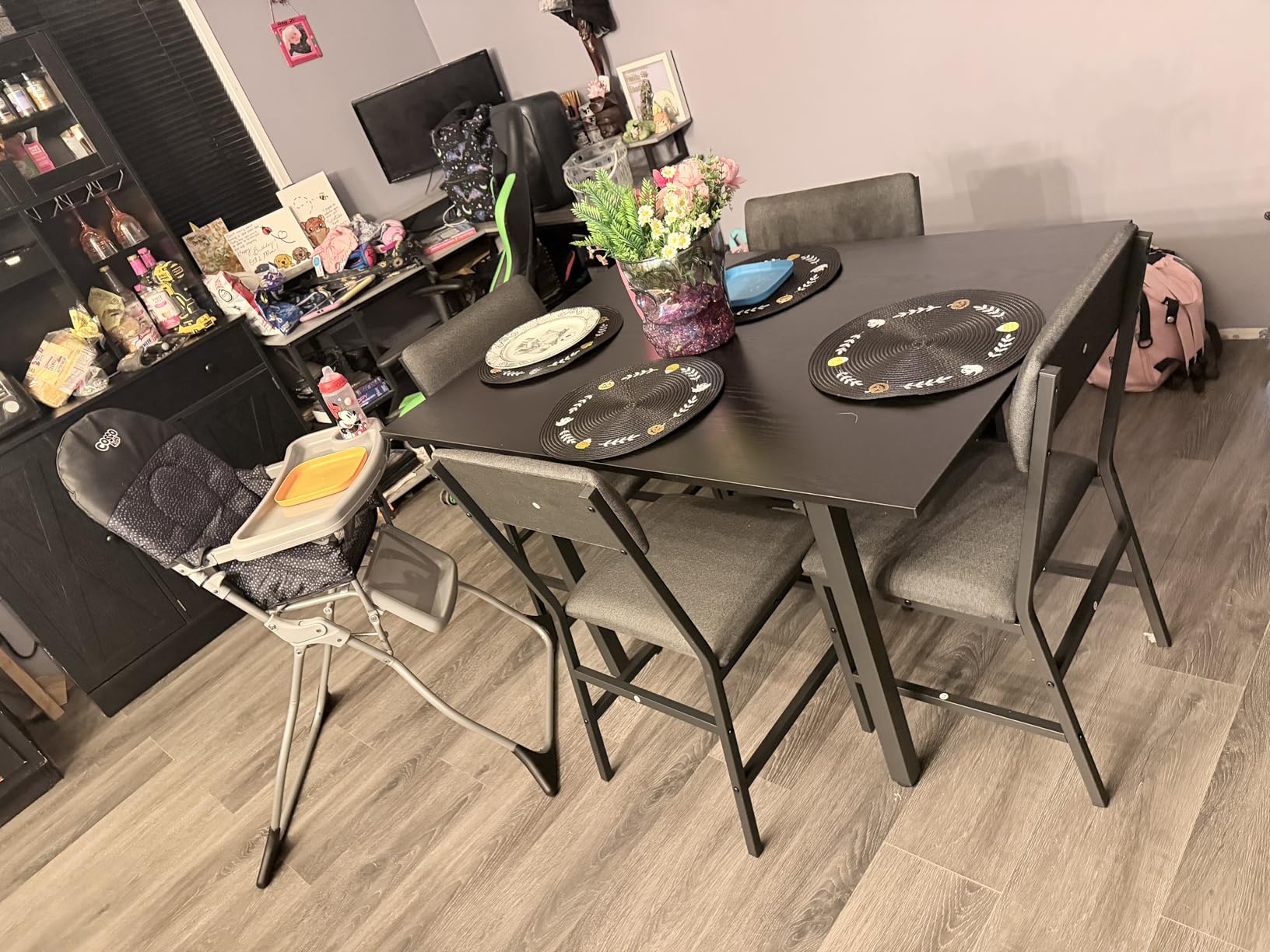 HUAHUU Dining Table Set for 4, Extendable Kitchen Table Cushion Chairs Set of 4, Rectangle Dining Table with Metal Frame & MDF Board, Folding for Small Apartment Saving Space, Black customer photo 1