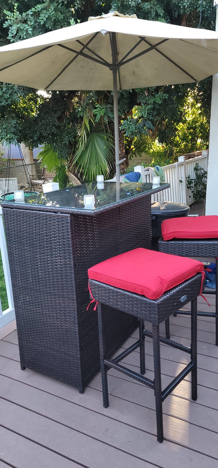 Tangkula 3 Piece Patio Bar Set, Outdoor Rattan Bar Table and 2 Stools with Tempered Glass Tabletop, 2-Tier Storage, Removable Cushions, Outside Wicker Conversation Set customer photo 2
