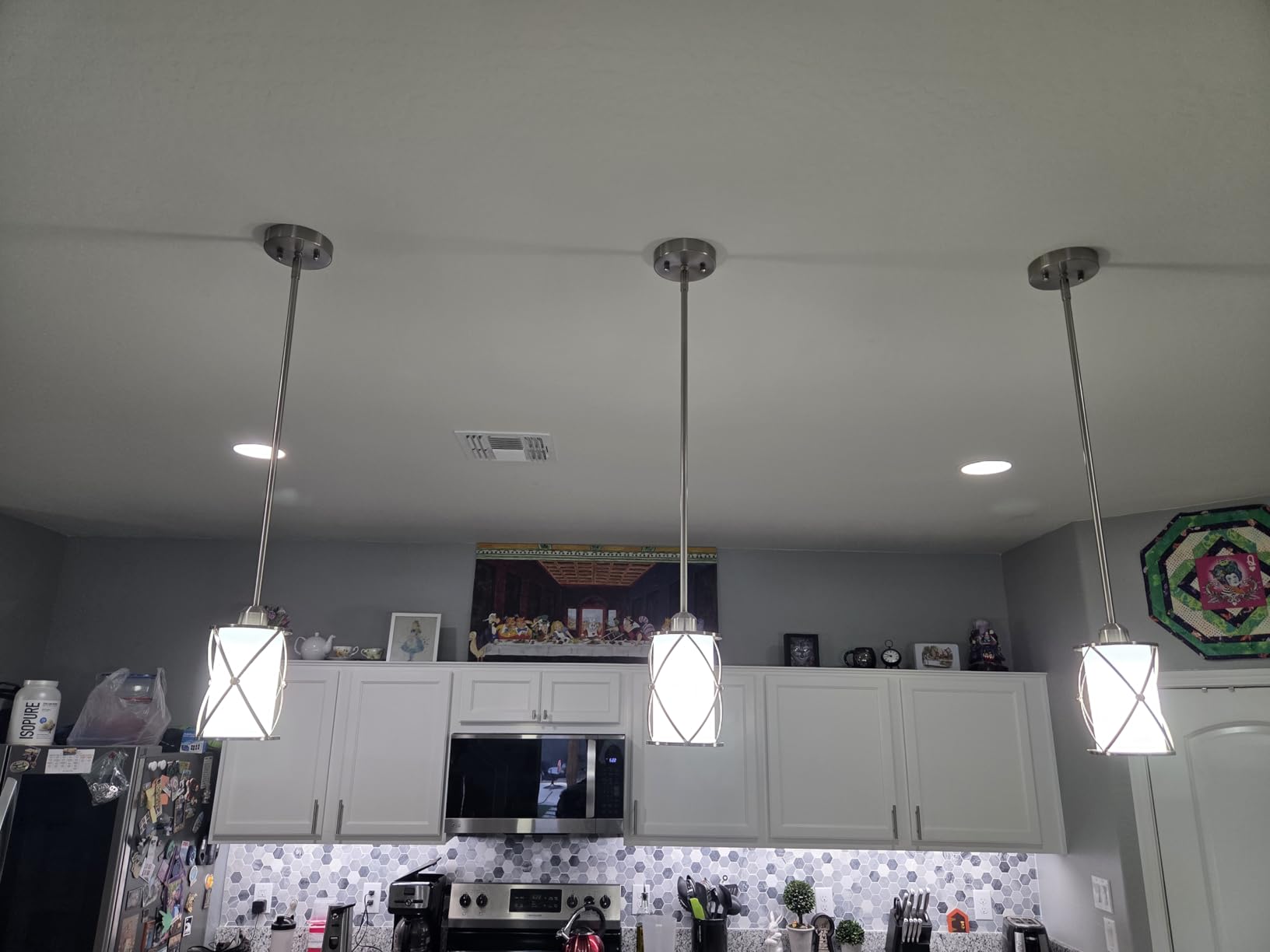 Brushed Nickel Pendant Lights Kitchen Island 3 Pack, Glass Kitchen Pendant Lighting Over Island with Rod, Modern Mini Hanging Light for Kitchen Sink Dining Room, CH9176BN-3PK customer photo 1