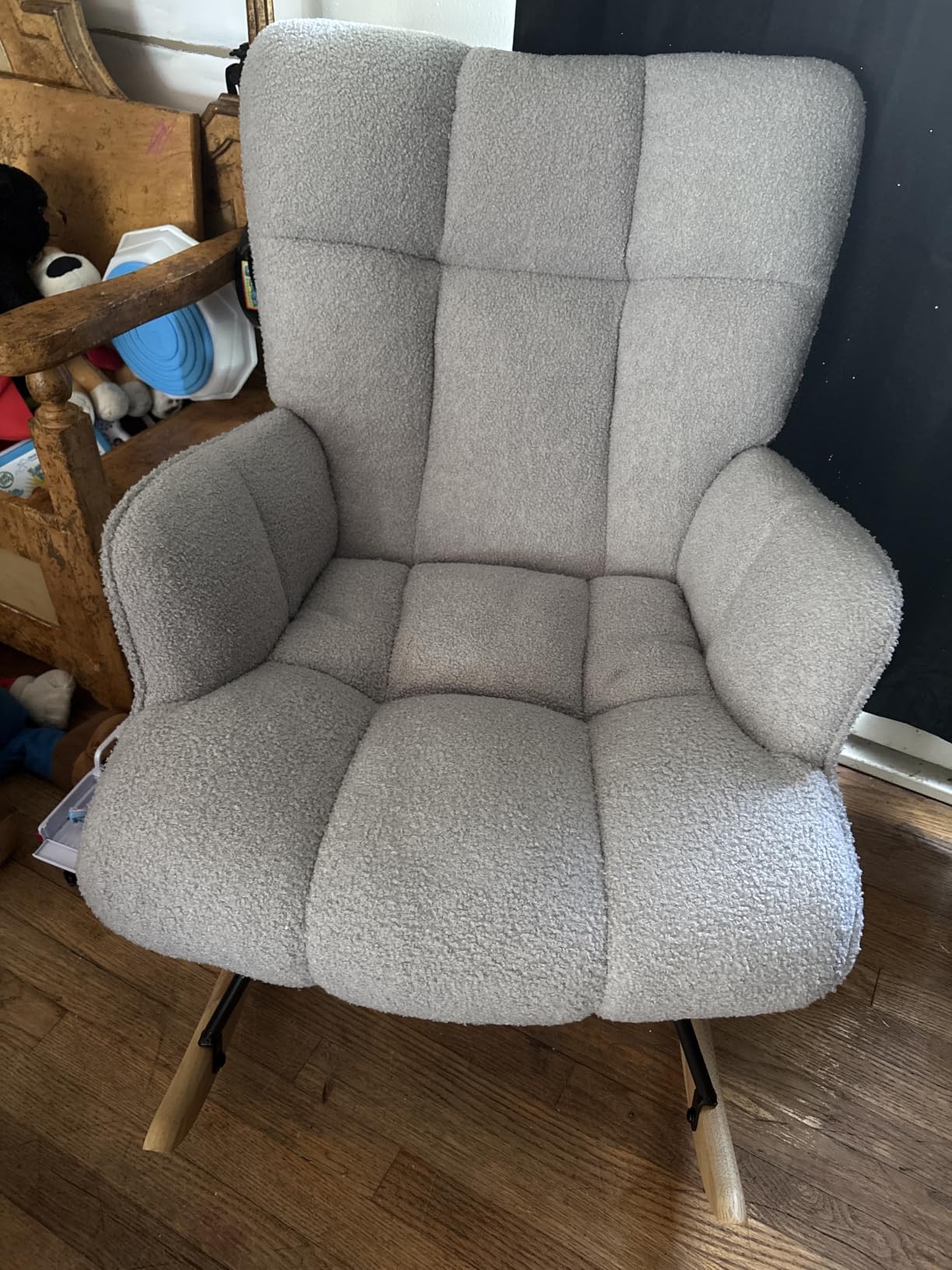 SAETSFEG Rocking Chair Nursery Teddy Upholstered Glider Rocker Rocking Accent Chair Padded Seat with High Backrest Armchair Comfy Side Chair for Living Room Bedroom Offices (Grey Teddy) customer photo 1