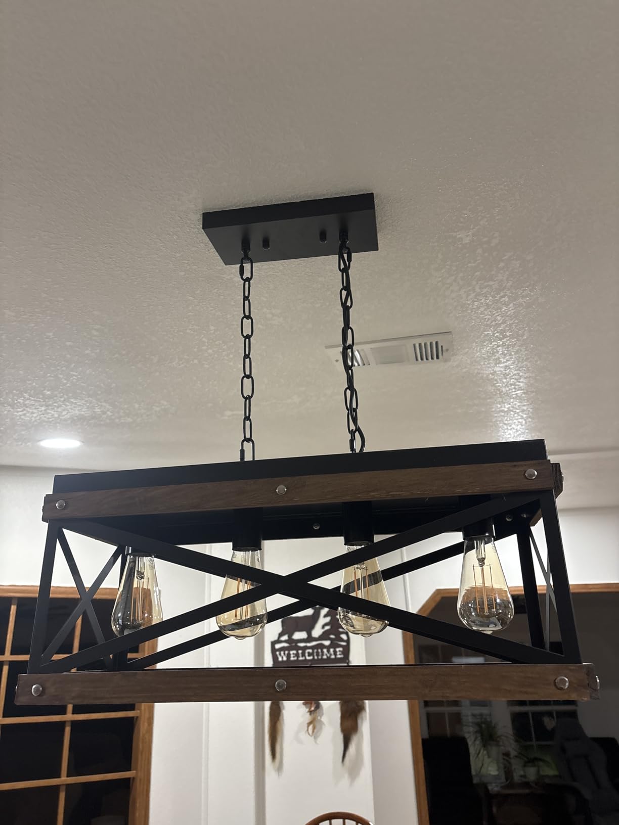 Rustic Farmhouse Wood Kitchen Island Lighting, 5 Lights Rectangular Pendant Light Fixture, Adjustable Chain Oak Wood and Metal Linear Chandelier for Dining Room Kitchen Island Farmhouse, Black customer photo 1
