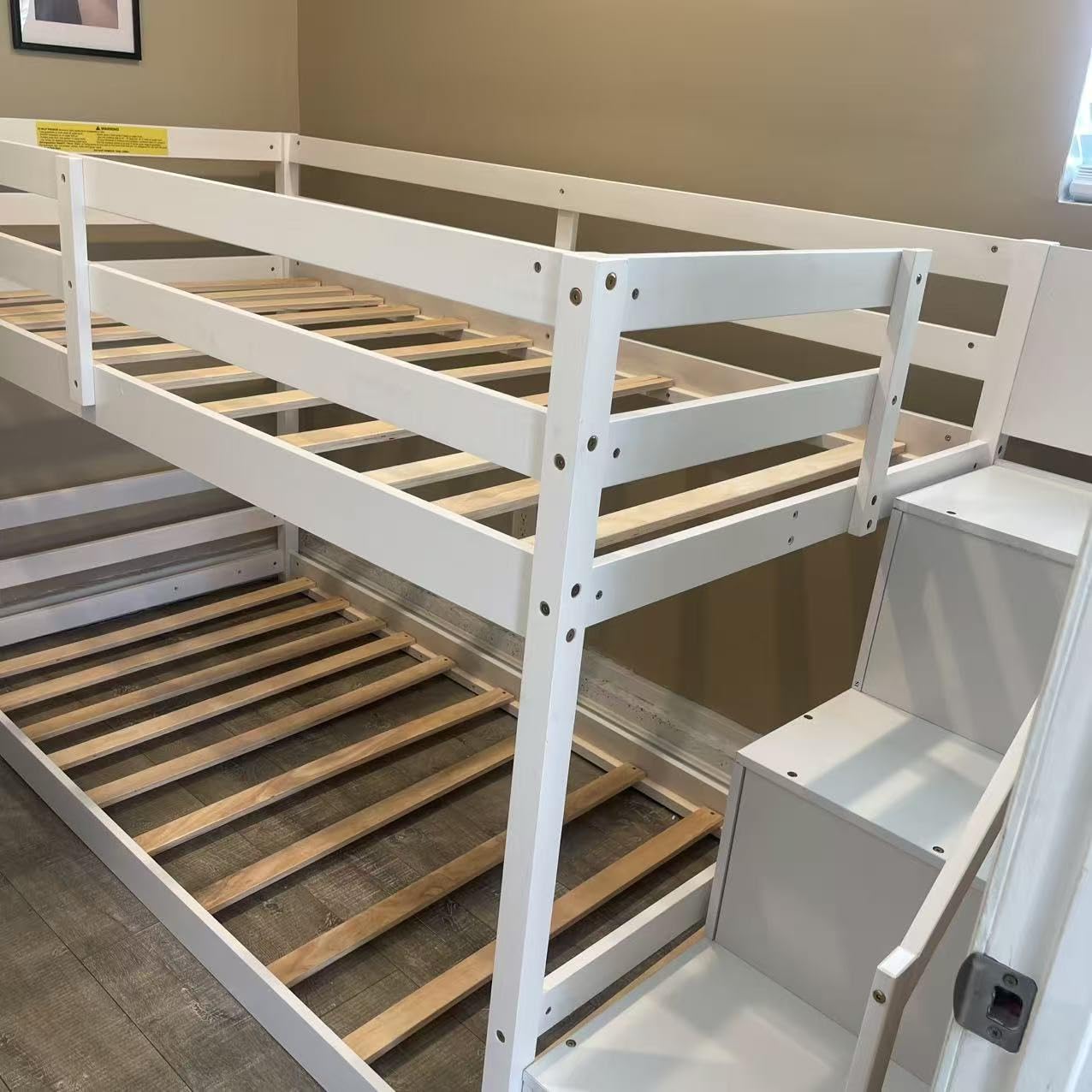 GIANTEX Twin Over Twin Bunk Bed with Stairs, Solid Wood Floor Bunk Bed with Storage Staircase & Full-Length Guardrails, Low Bunk Bed with for Kids, Teens, Adults, Dorm, Small Space, White customer photo 1