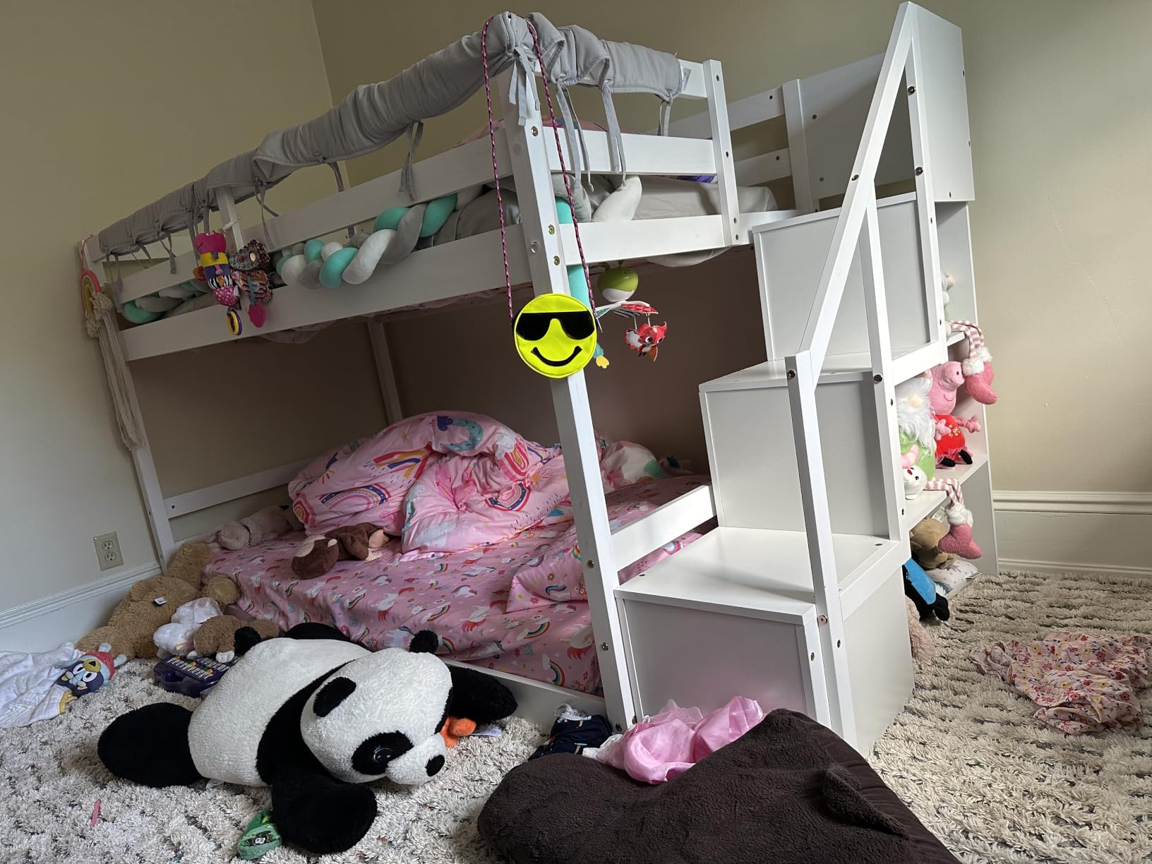 GIANTEX Twin Over Twin Bunk Bed with Stairs, Solid Wood Floor Bunk Bed with Storage Staircase & Full-Length Guardrails, Low Bunk Bed with for Kids, Teens, Adults, Dorm, Small Space, White customer photo 2