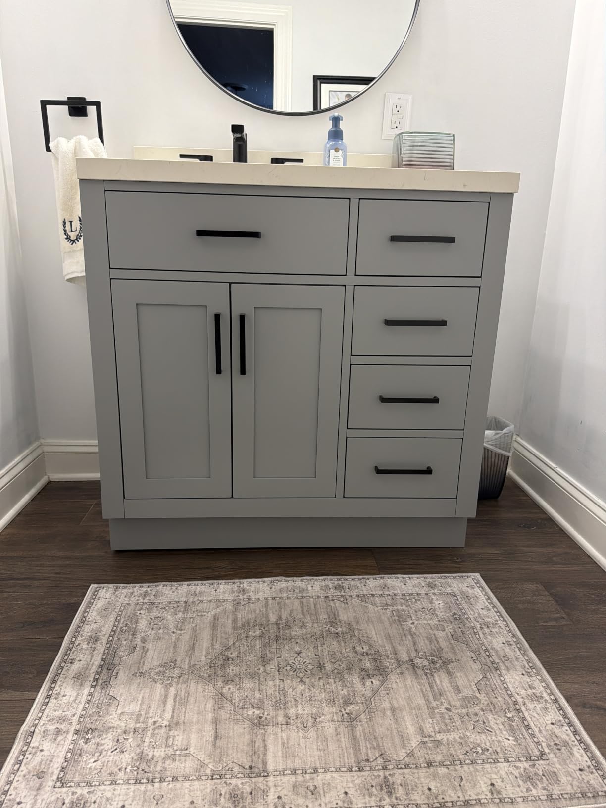 ARIEL Hepburn 36-inch Bathroom Vanity with Sink,Solid Wood, 1.5-inch Carrara White Quartz Countertop, Single Rectangular Porcelain Sink, 2 Soft Closing Doors, 5 Dovetail Drawers, White Oak customer photo 2
