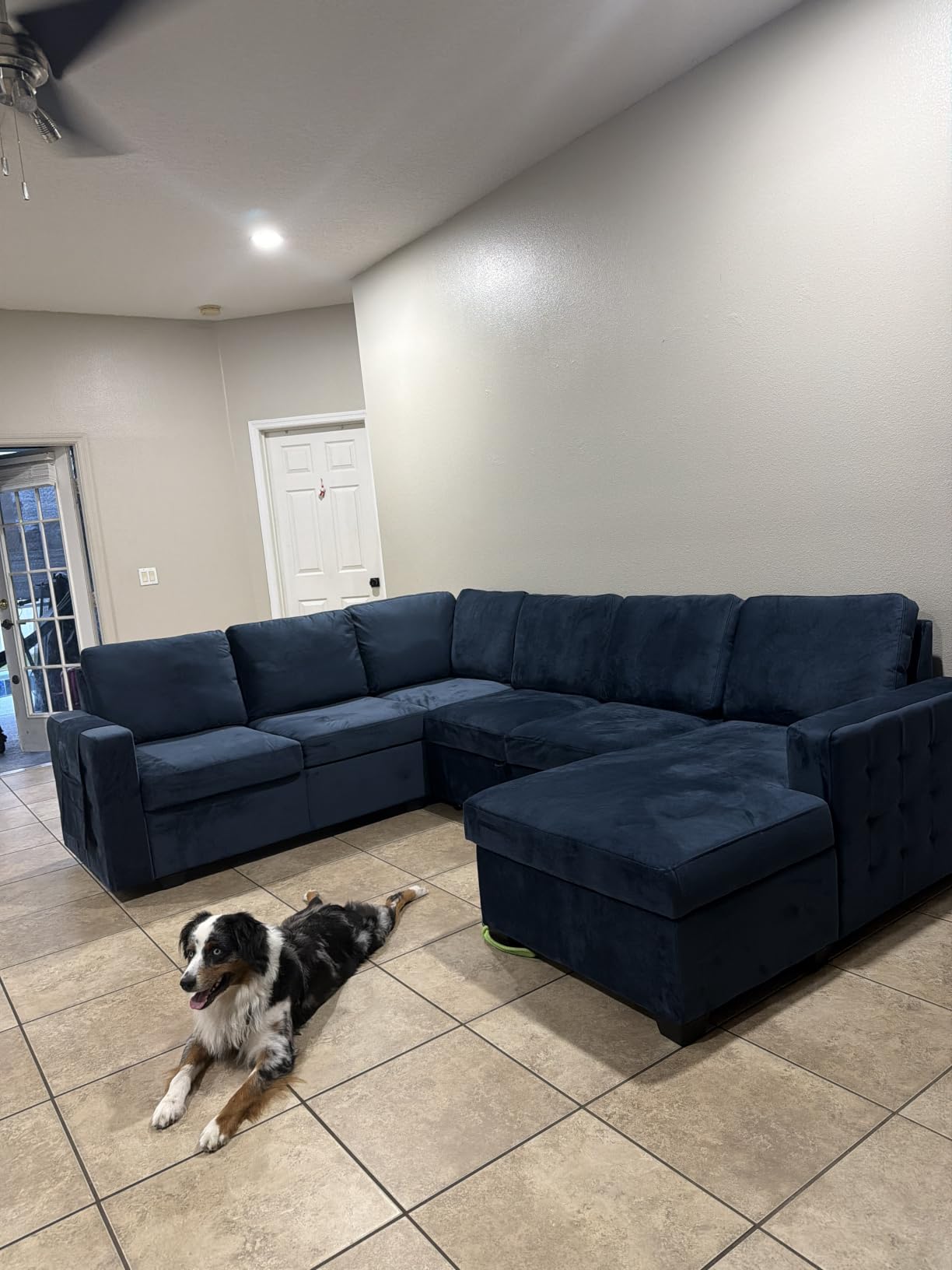 HONBAY Sleeper Sectional Couch with Pull-Out Bed Sectional Sleeper Sofa Pull Out Bed with Storage Chaise, 6 Seaters Couch for Living Room, Velvet Blue customer photo 2