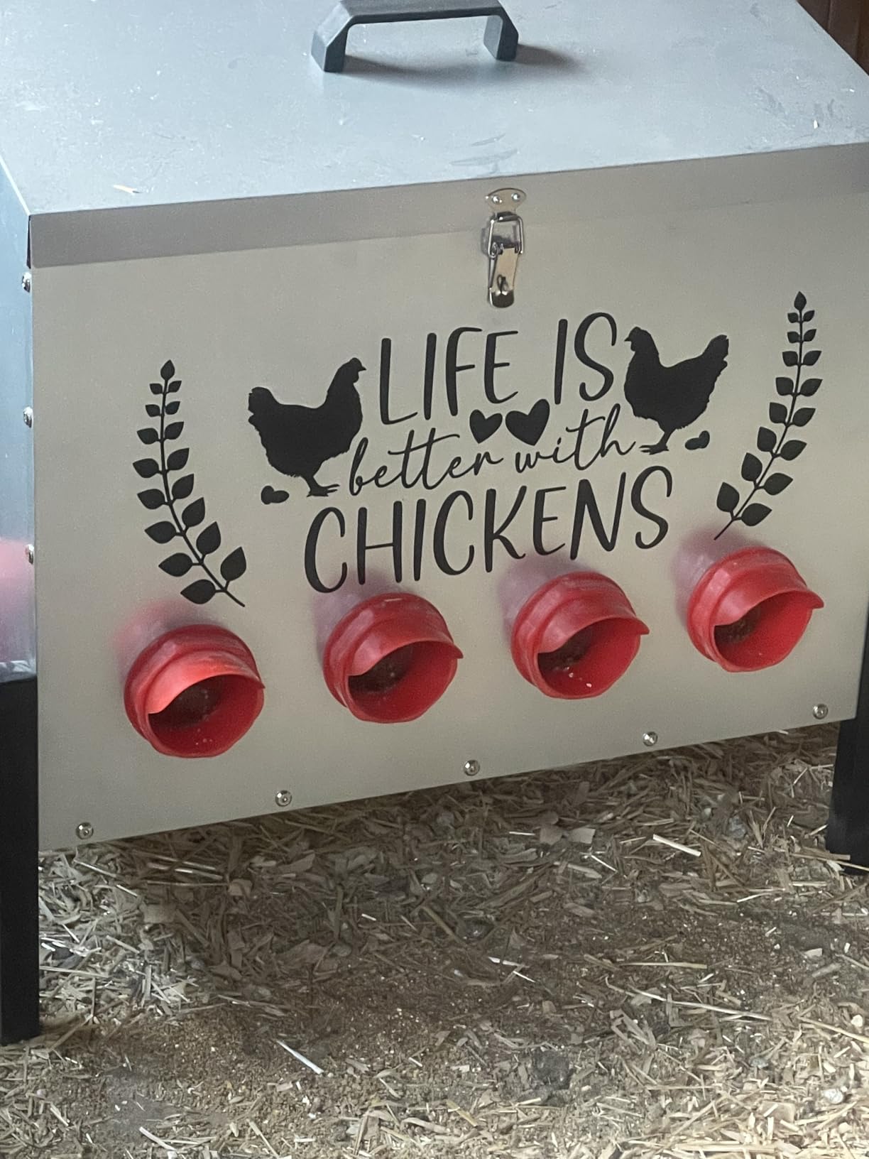 95 lb Chicken Feeder with 10 No-Waste Ports – Extra-Large Galvanized Metal Poultry Feeder with Adjustable Height Heavy-Duty Stand – Outdoor Feed Box for Chickens, Ducks & Geese customer photo 2
