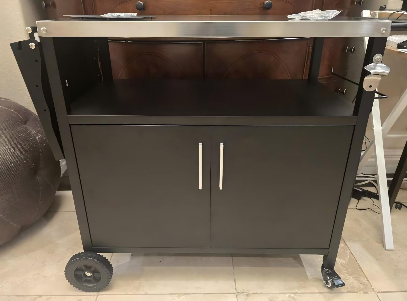 JY QAQA Outdoor Grill Cart with Storage,Patio Kitchen Island Outdoor Grill Table with Wheels,BBQ Cart Movable Pizza Oven Table Stand, Storage Cabinet, Foldable Tabletop, (Black) customer photo 2